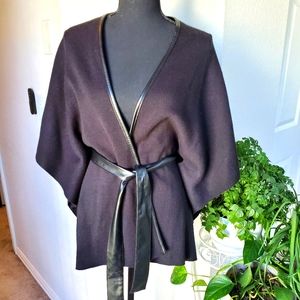 NY&C tie-waist knit poncho with faux leather belt and trim sz L/XL